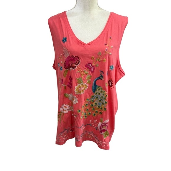 Johnny Was XS Embroidered Celina Tank Top Raw Edge V-Neck Peacock Floral Coral - Picture 9 of 14